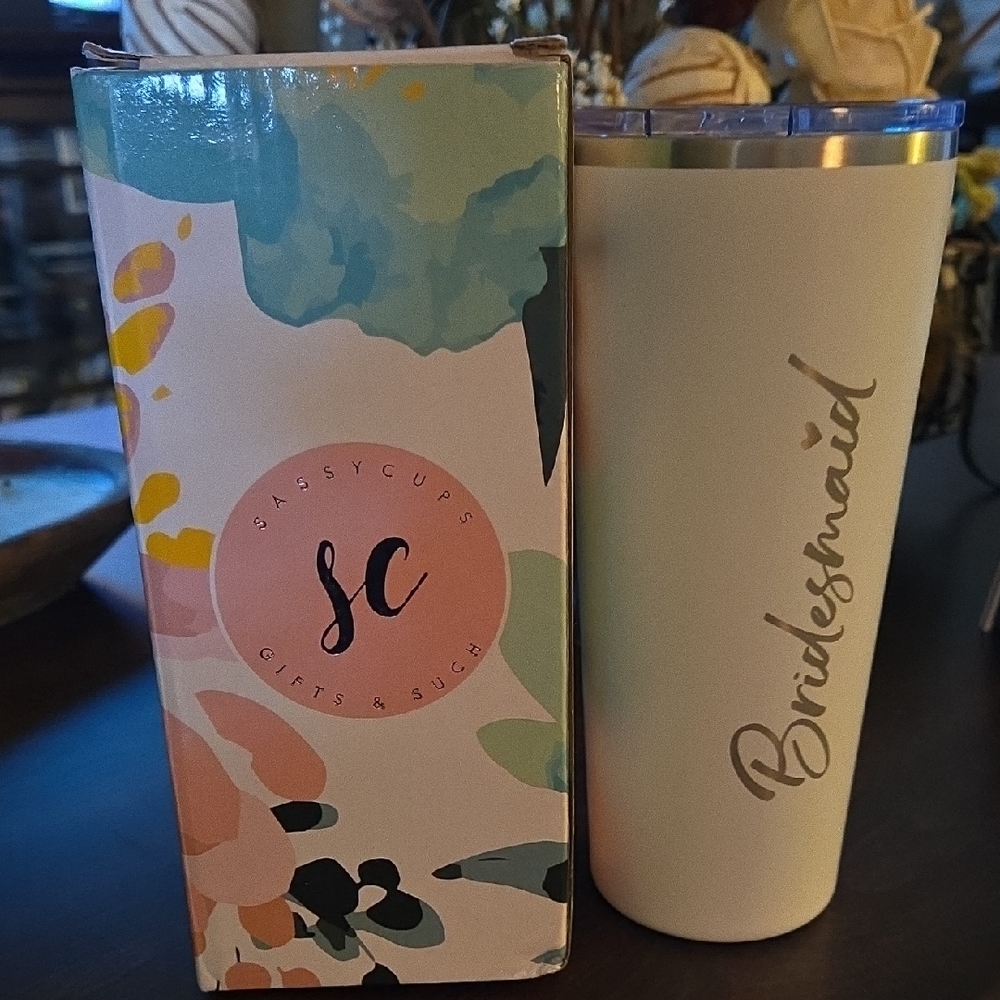 SassyCups Bridesmaid White Insulated Tumbler With Lid White 22 Ounce NEW IN BOX